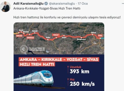 ULAŞTIRMA BAKANI KARAİSMAİLOĞLU’NDAN HIZLI TREN PAYLAŞIMI